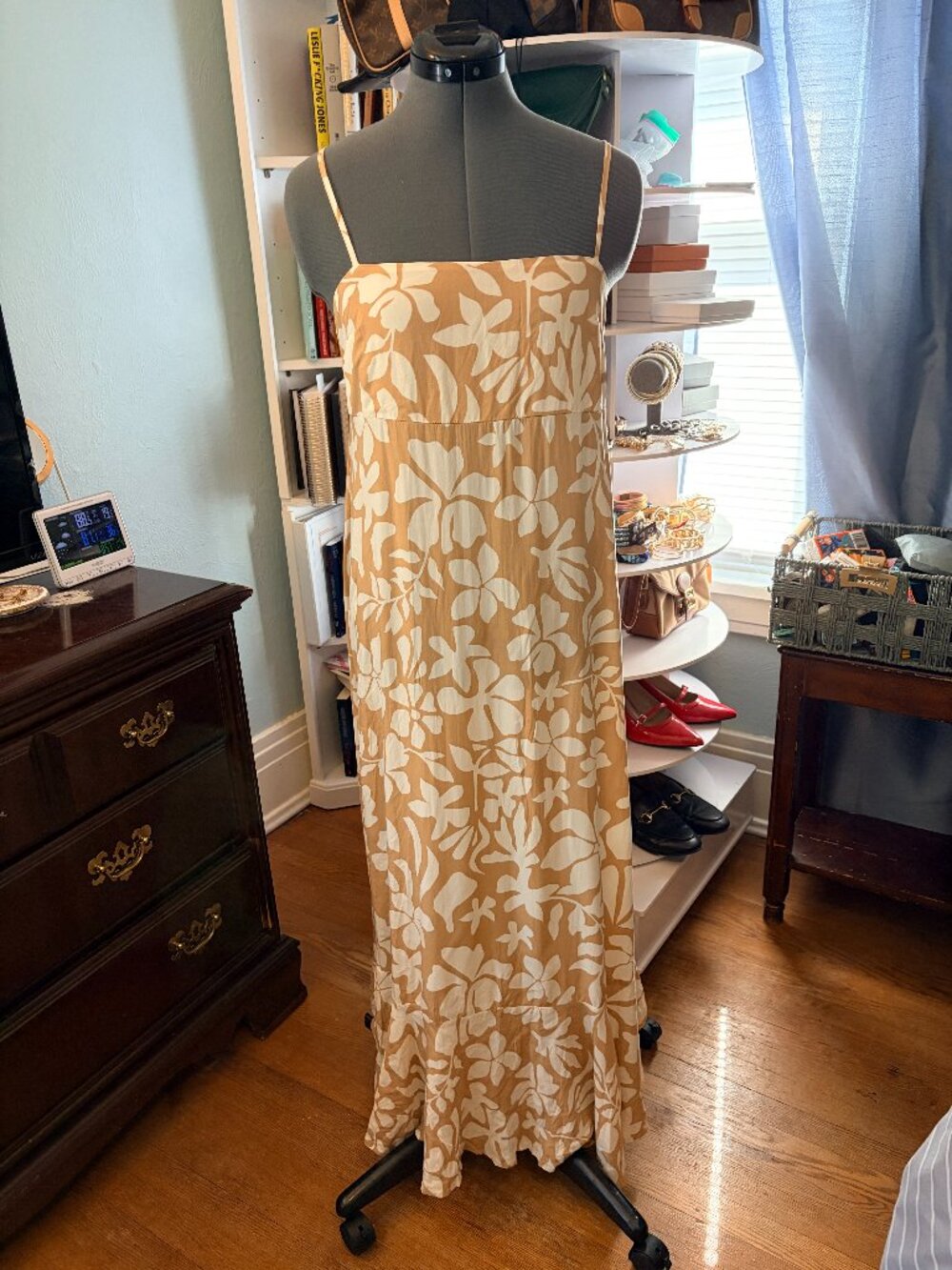 Abel The Label Tan White Floral Maxi Dress Size L Beach Boho Resortwear Vacation